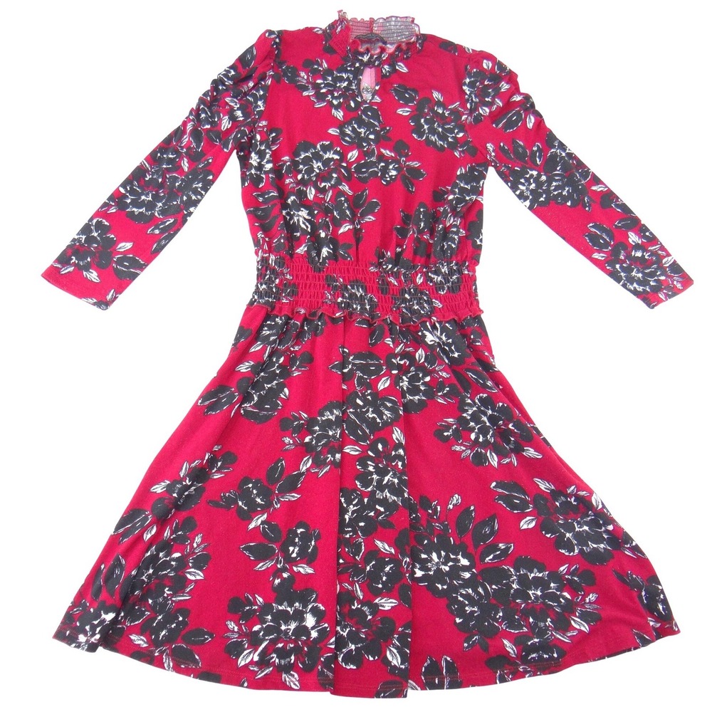 Adrienne Vittadini Red Black Floral Smocked Waist Midi Dress Long Sleeve Small